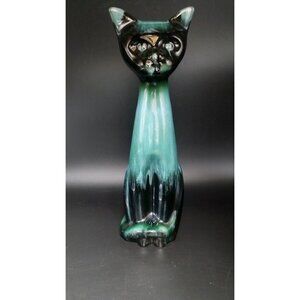 Blue Mountain Pottery Cat Figurine Blue Green Teal Drip Glaze Canada 14” Redware